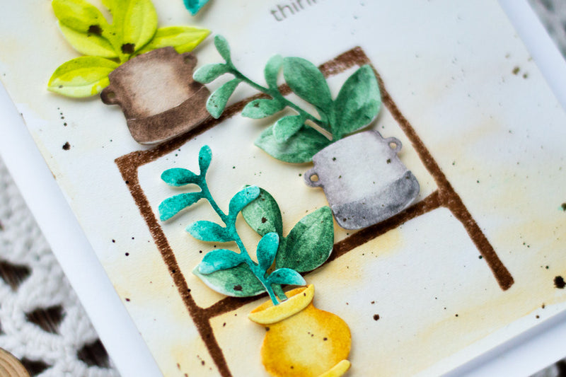 Watercolored Home Garden Card feat Mini Delight: Potted Shelves