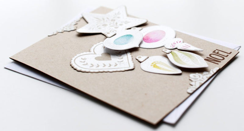 Pastel Christmas Card with Peace Love Joy and Brilliant Baubles Stamp Sets