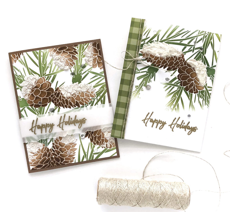 2 Beautiful Stenciled Pinecone Holiday Cards