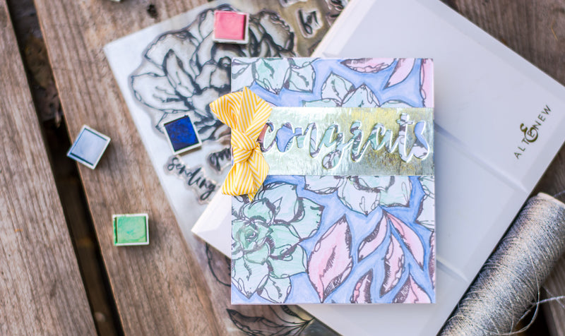 Watercolor Background Card with Inked Flora