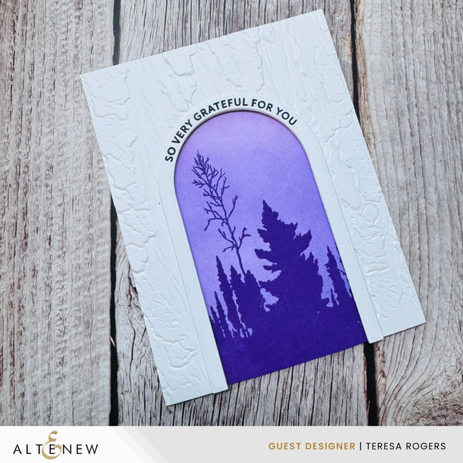 Altenew Arched Sentiments clear stamp set featuring weathered bark, woodland silhouette, and purple shades for card-making and crafts.