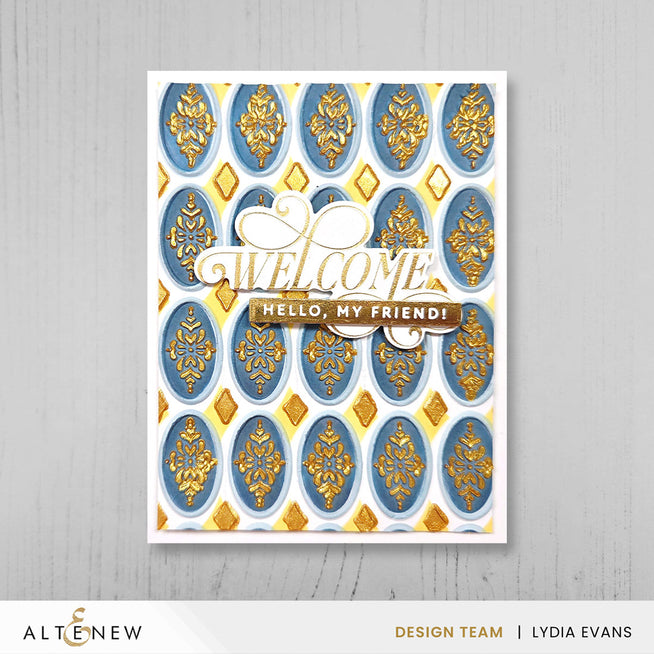 Altenew Heirloom Filigree stencil and embossing folder with intricate floral design on a white background.