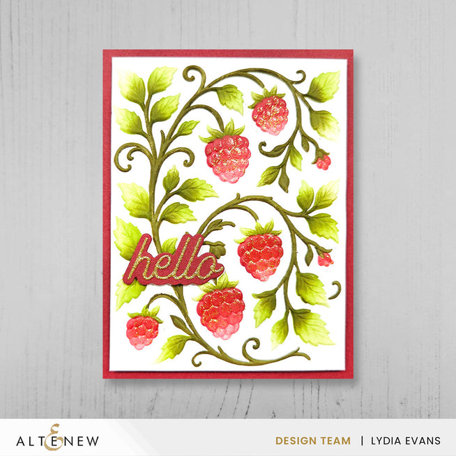 Altenew Raspberry Bliss stencil and embossing folder bundle featuring intricate raspberry and floral designs for card making and crafts.