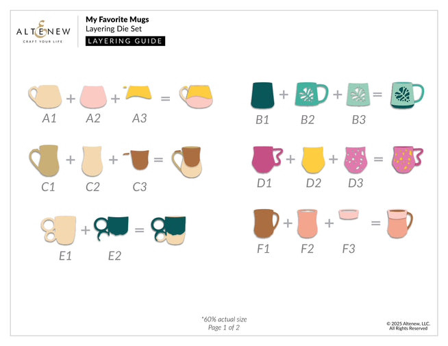 Altenew My Favorite Mugs layering die set with guide, showing metal dies for creating detailed mug designs and shapes.