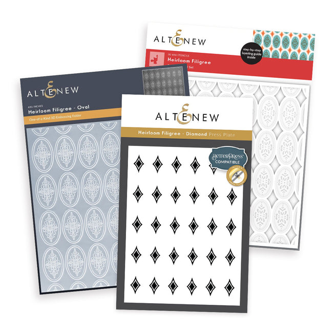 Altenew Heirloom Filigree stencil and embossing folder with intricate vintage floral design for paper crafting.