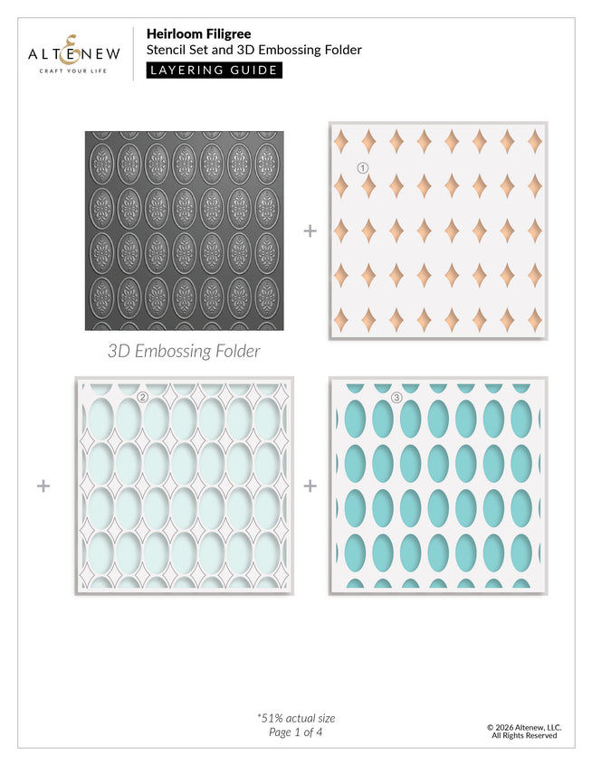 Altenew Heirloom Filigree stencil set with embossing folder, showcasing intricate layered floral design and embossing details.
