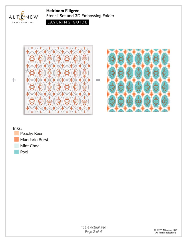 Altenew Heirloom Filigree stencil, embossing folder, and layering guide for paper crafting and embossing projects.