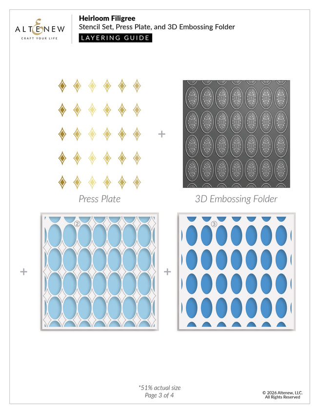 Altenew Heirloom Filigree stencil and embossing folder set with layered plates for detailed paper crafting and embossing effects.