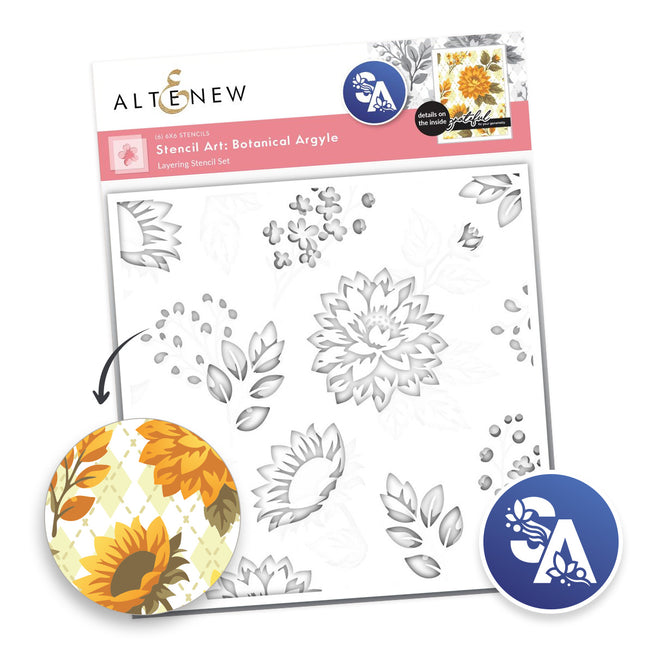 Altenew Botanical Argyle stencil and die bundle with layered floral and geometric designs for crafting and card making.