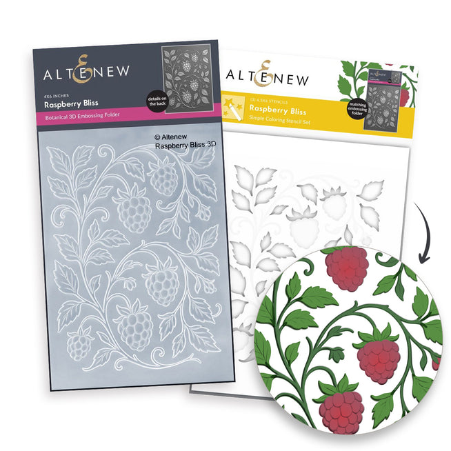 Altenew Raspberry Bliss stencil and embossing folder bundle with raspberry floral designs for card making and crafting projects.