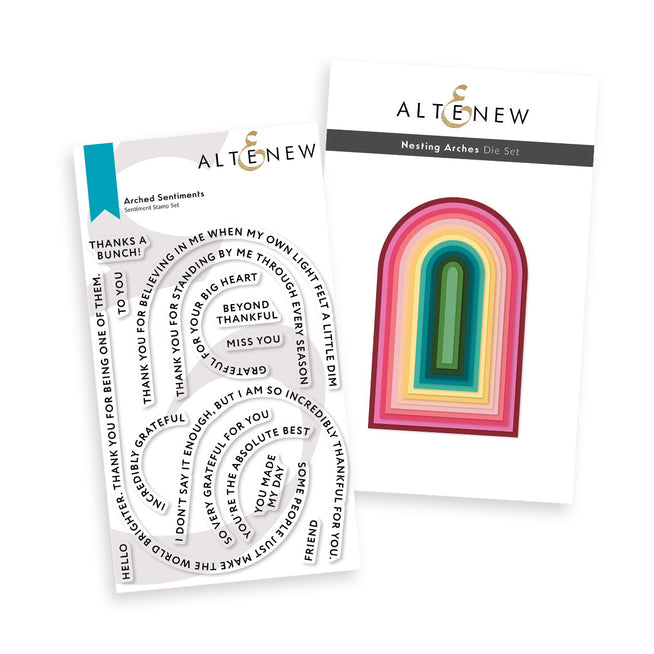 Altenew Arched Sentiments Stamp and Die Bundle featuring elegant arched phrase designs for card making and crafting projects.