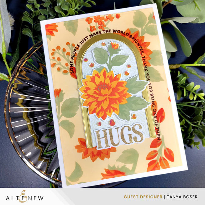 Clear Altenew Arched Sentiments stamp set with botanical and argyle designs, perfect for crafting and card-making projects.