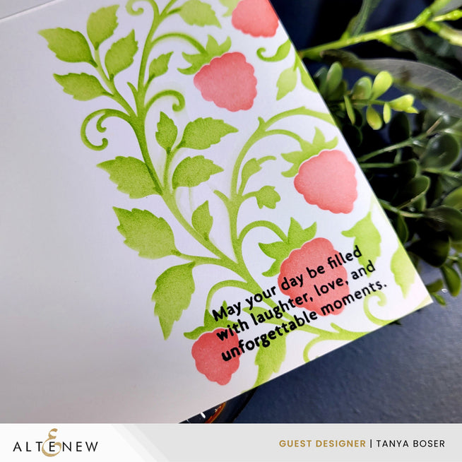 Altenew Raspberry Bliss stencil and embossing folder bundle with floral designs, featuring intricate leaf and petal patterns.