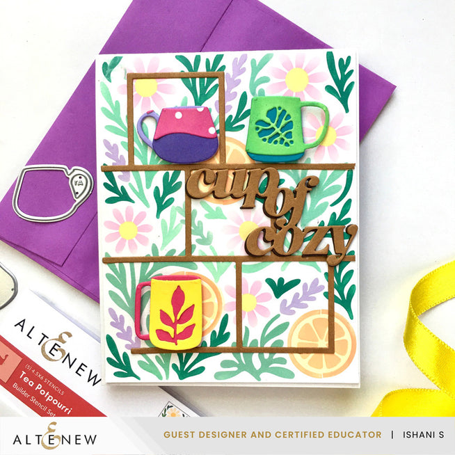 Altenew My Favorite Mugs layering die set featuring various mug shapes, tea potporri stencil, and warm cozy sentiment dies.