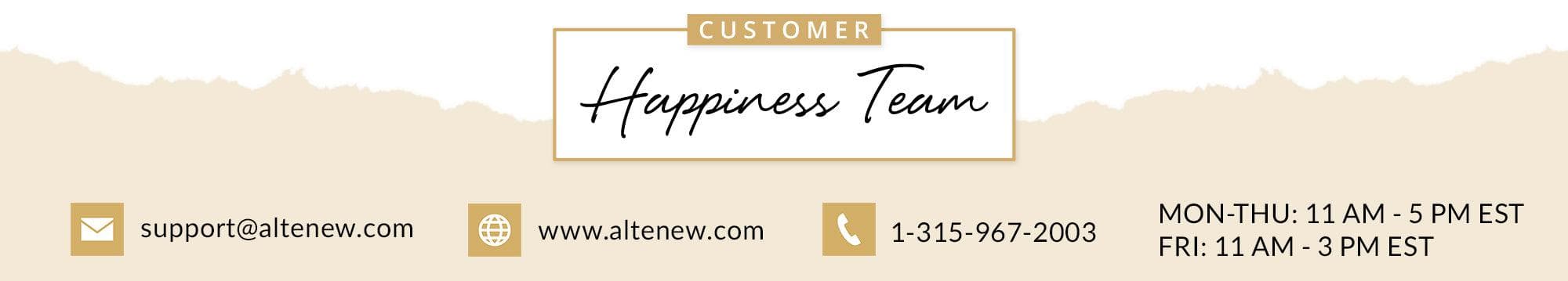 Customer Happiness Team. support@altenewsnap.com, www.altenewsnap.com, 1-315-967-2003. Monday to Thursday 11 AM to 5 PM EST, Friday 11 AM to 3 PM EST.