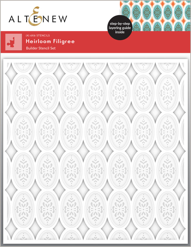 Altenew Heirloom Filigree stencil set with embossing folder and betterpress plate for intricate paper crafting designs.