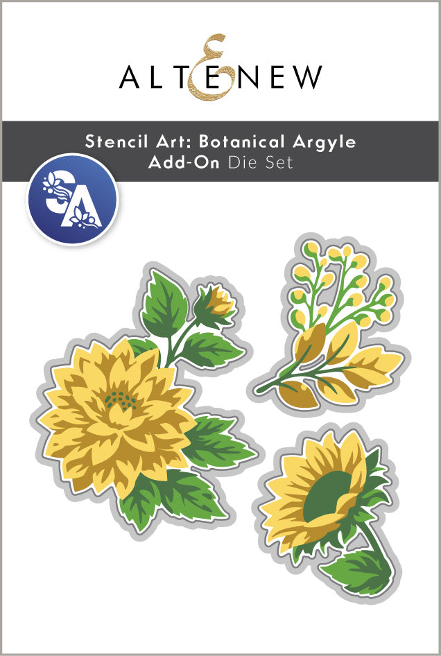 Altenew stencil art botanical argyle pattern with add-on die bundle, featuring intricate floral and geometric designs for crafting projects.