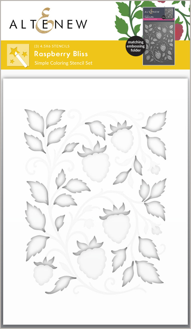 Altenew Raspberry Bliss stencil and embossing folder bundle with intricate raspberry designs for crafting and card making.