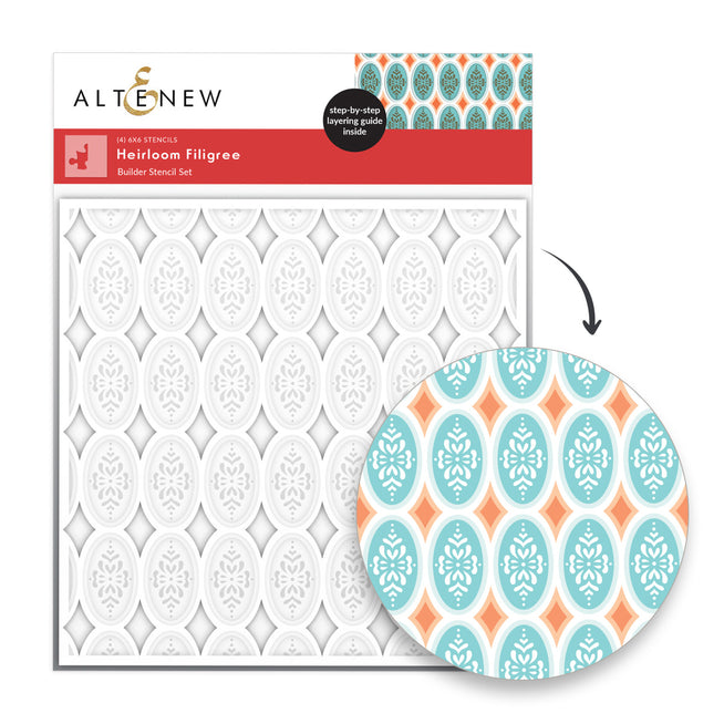 Altenew Heirloom Filigree stencil set with embossing folder and Betterpress plate for detailed paper crafting and embossing projects.