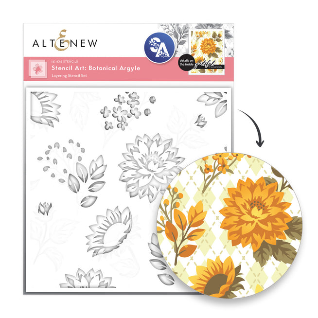 Altenew Stencil Art Botanical Argyle Layering Stencil Set and Add-on Die Bundle, featuring intricate floral and geometric designs.