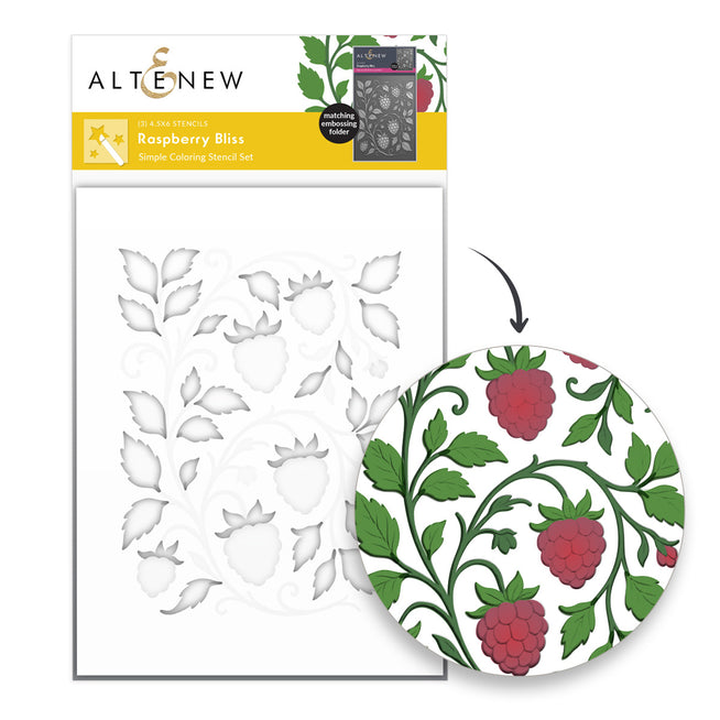 Altenew Raspberry Bliss stencil and embossing folder bundle with intricate raspberry and floral designs, perfect for card making and crafts.