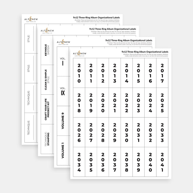 Printable 9x12 three-ring album organizational labels from Altenew, digital downloads for easy album organization.