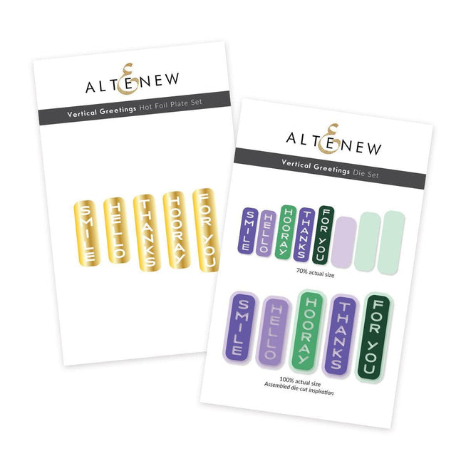 Altenew Vertical Greetings hot foil plate and die bundle for card making, featuring elegant vertical message designs.