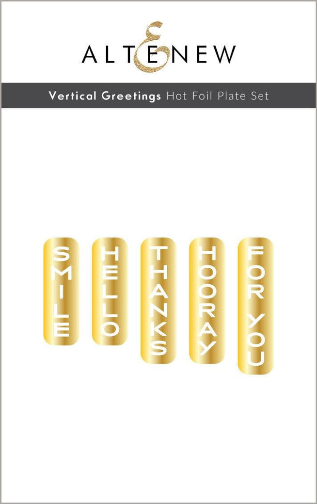 Altenew Vertical Greetings hot foil plate and die bundle for card making, featuring elegant vertical message designs.
