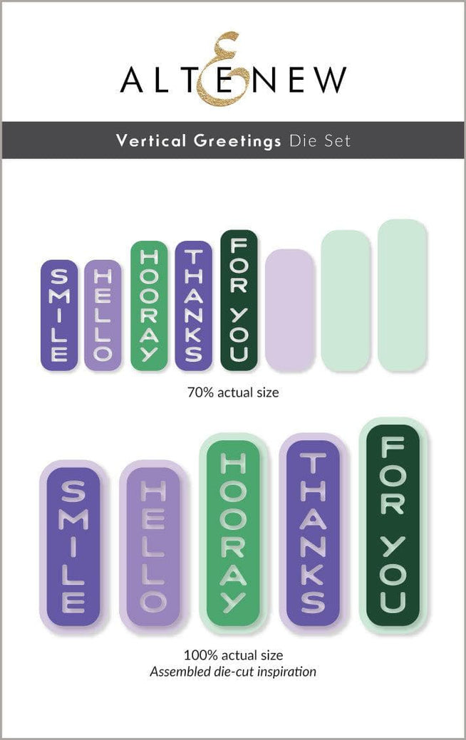 Altenew Vertical Greetings hot foil plate and die bundle featuring elegant vertical greeting designs for card making.