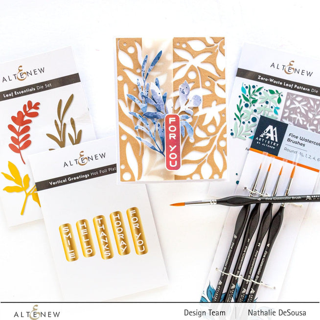 Altenew Vertical Greetings hot foil plate and die bundle featuring elegant vertical message designs for card making.