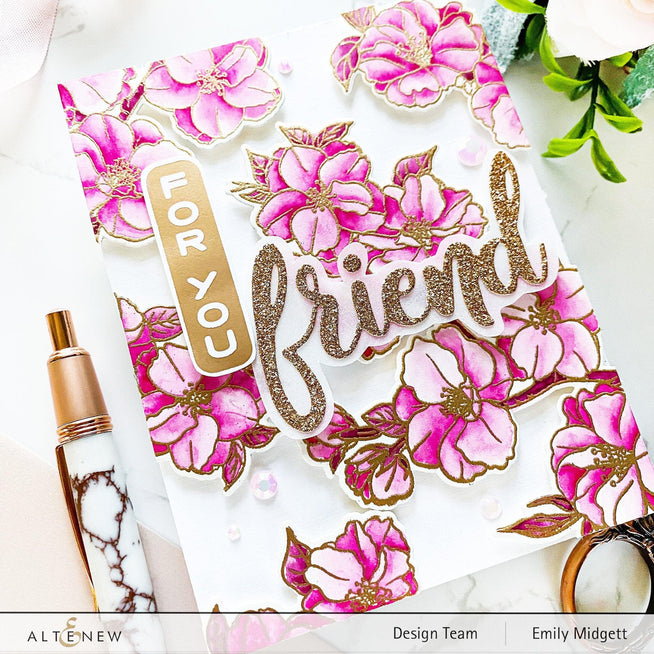 Altenew Vertical Greetings hot foil plate and die bundle featuring elegant vertical greeting designs for card making and crafts.