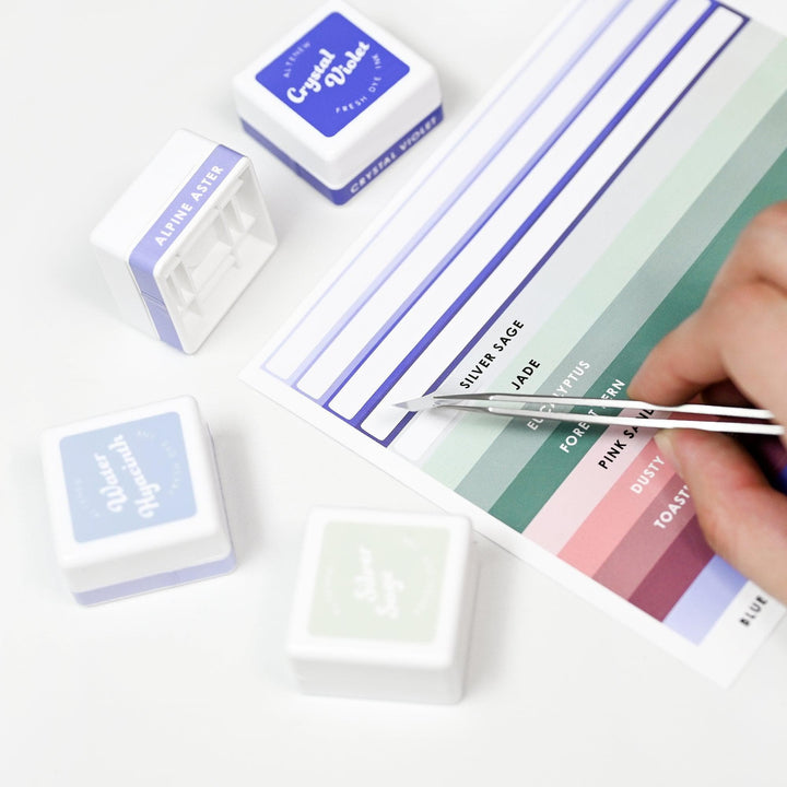 Misil Craft Decals Mini Ink Cubes Label Set - Blue Mountains, Frosted Foliage, Woodland Escape