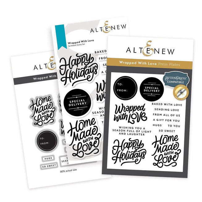 Altenew Wrapped With Love stamp, die, and Betterpress plate bundle for crafting and card making projects.