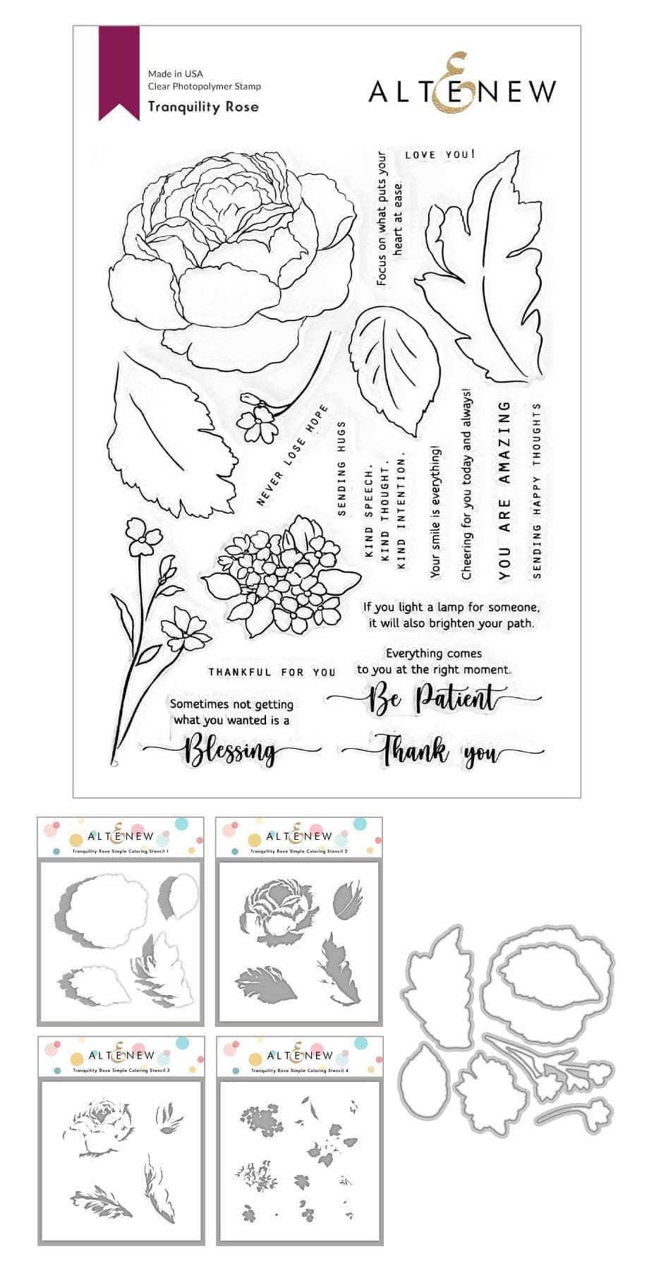 Altenew Stamp & Die & Stencil Bundle Tranquility Rose Stamp & Die & Coloring Stencil Bundle